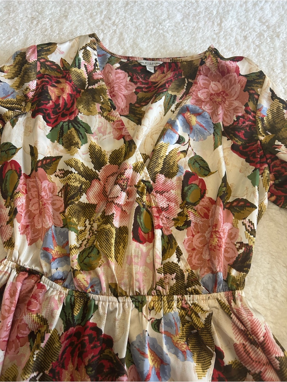 Guess Floral V-Neck Peplum Blouse - Pink, Green, Blue - Picture 3 of 7